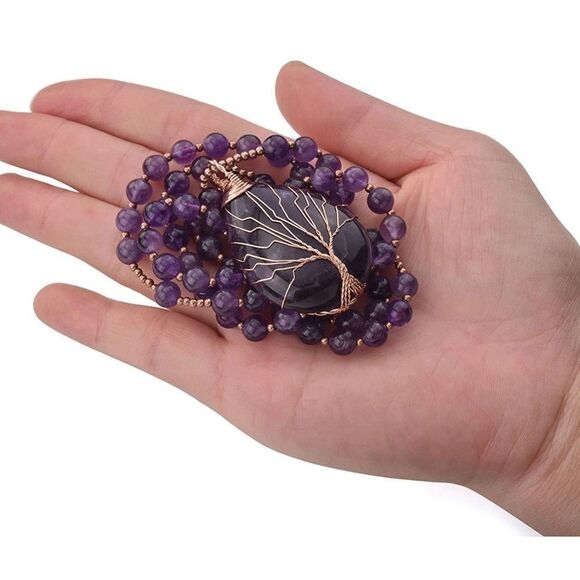 Copper and Natural Amethyst Crystal Tree of Life Pendant Necklace - Picture 4 of 6